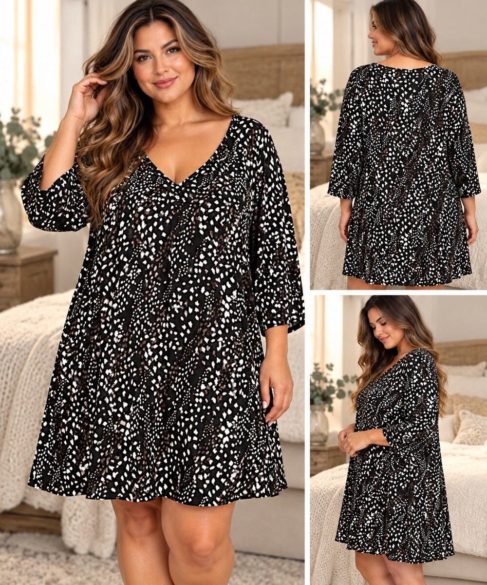 🆕Flora Nikrooz Colby Black Abstract Print Soft Knit Comfy Pajama Dress 3X NWT